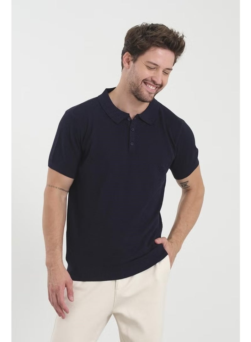 Odelon Men's Polo Neck Jacquard Knitwear T-Shirt Navy Blue - Image 3